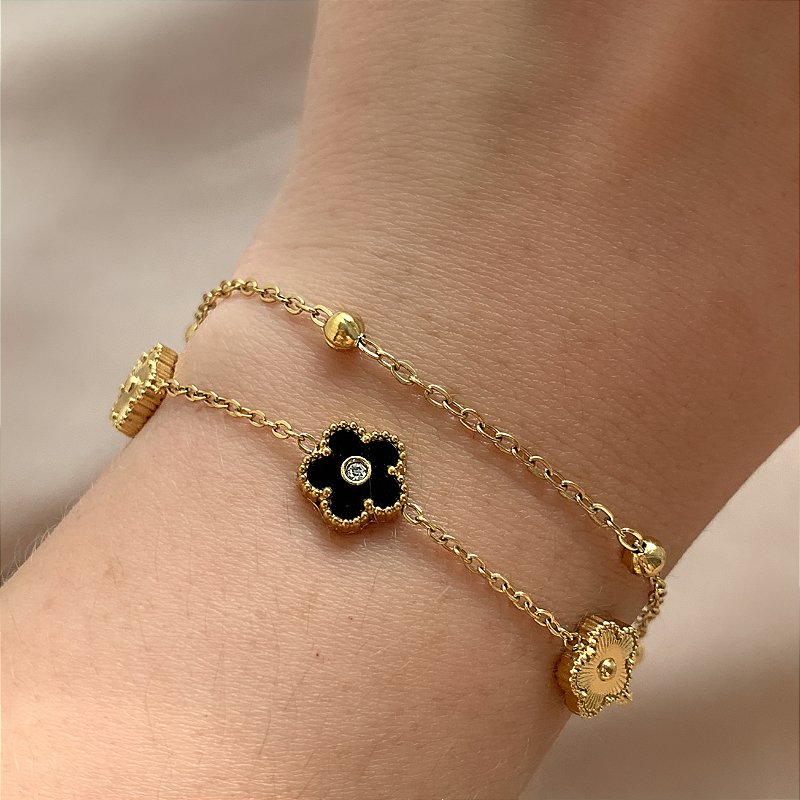 PULSEIRA CORRENTE DUPLA BOLINHAS E FLORZINHAS DOURADO AÇO 316L⭐️