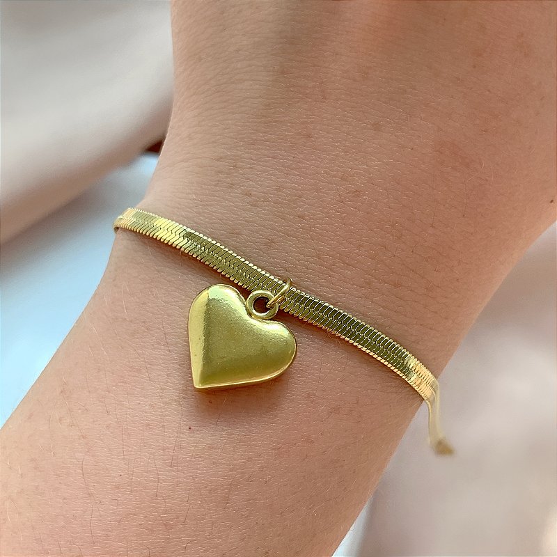 PULSEIRA FITA FINA PINGENTE CORAÇÃO LISO DOURADO AÇO 316L⭐️