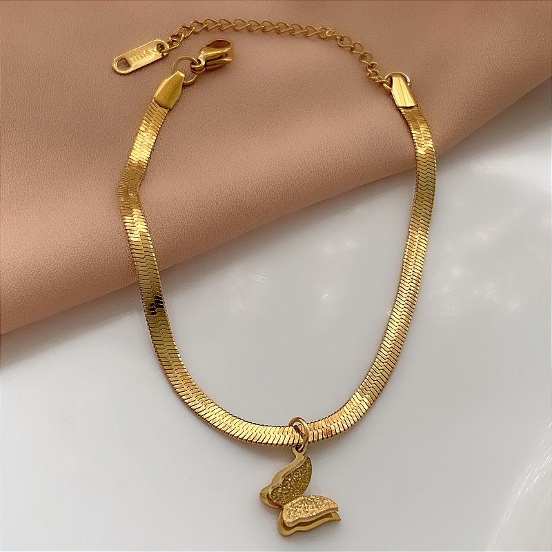 PULSEIRA FITA FINA PINGENTE BORBOLETA TEXTURIZADA DOURADO AÇO 316L⭐️