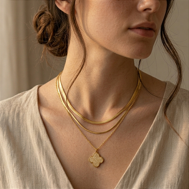 COLAR TRIPLO CORRENTES DIVERSAS PINGENTE TREVO TEXTURIZADO DOURADO AÇO 316L⭐️