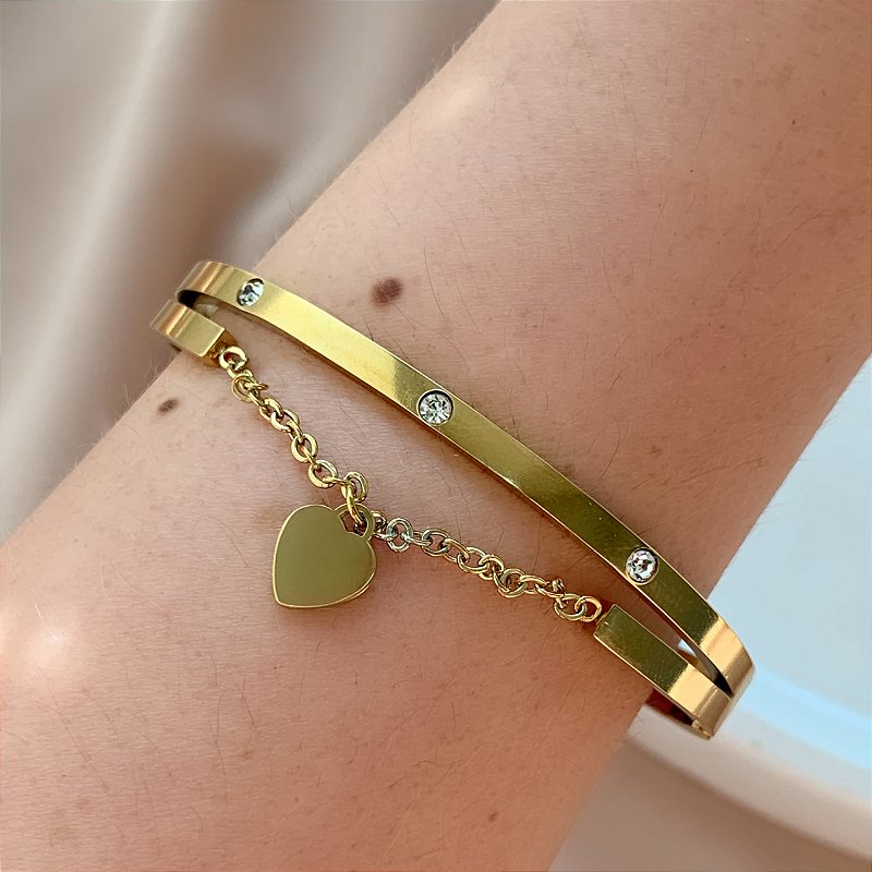 PULSEIRA / BRACELETE CORRENTE CORAÇÃO CORAÇÃO DOURADO AÇO 316L⭐️