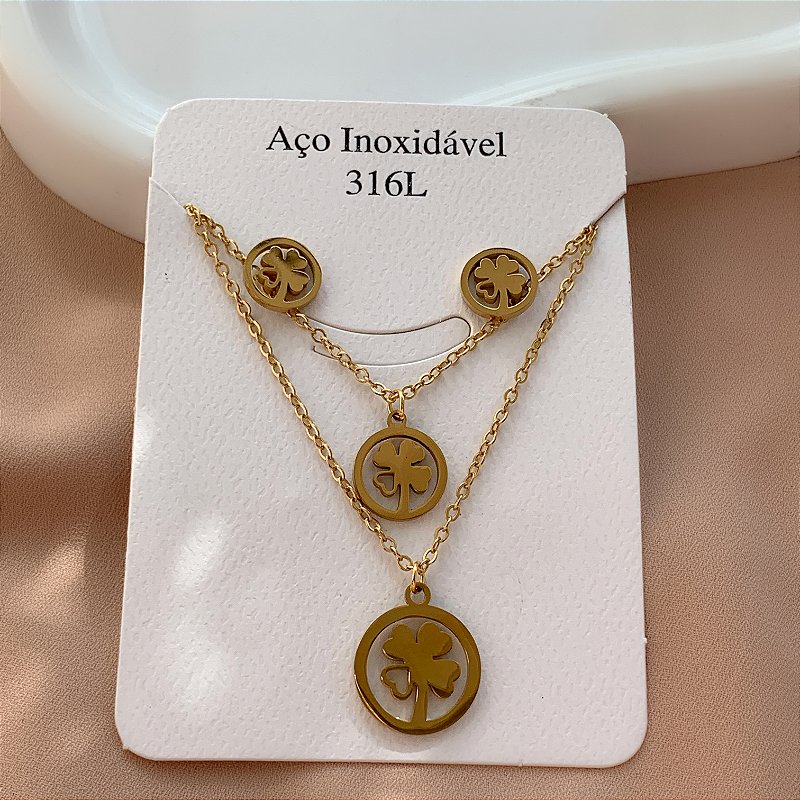 COLAR E BRINCO KIT PLAQUINHA TEVO LISO DOURADO AÇO 316L⭐️