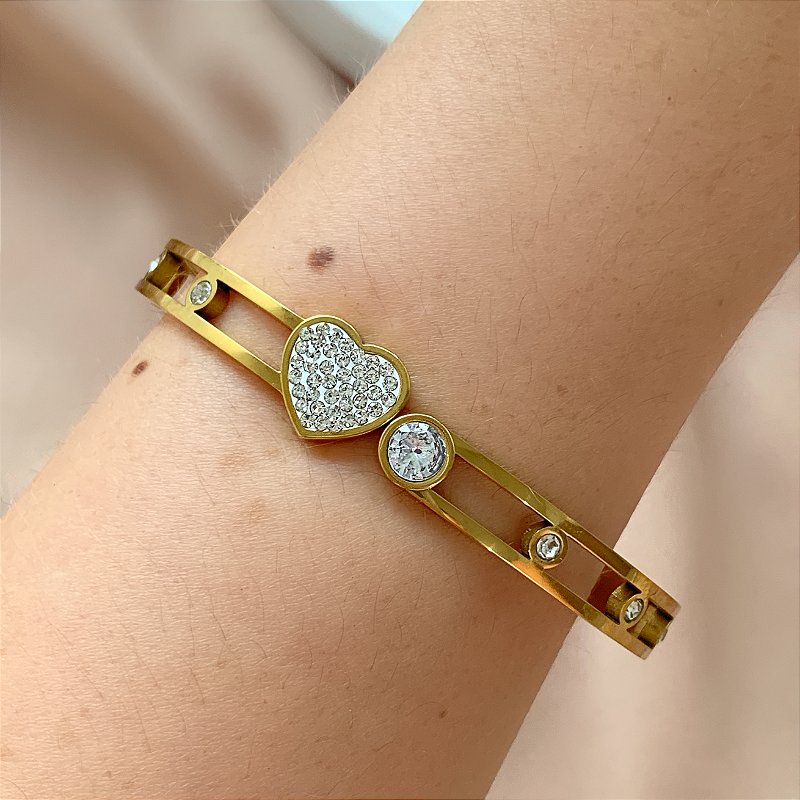 PULSEIRA / BRACELETE CORAÇÃO ZIRCÔNIAS PONTOS DE LUZ DOURADO AÇO 316L⭐️