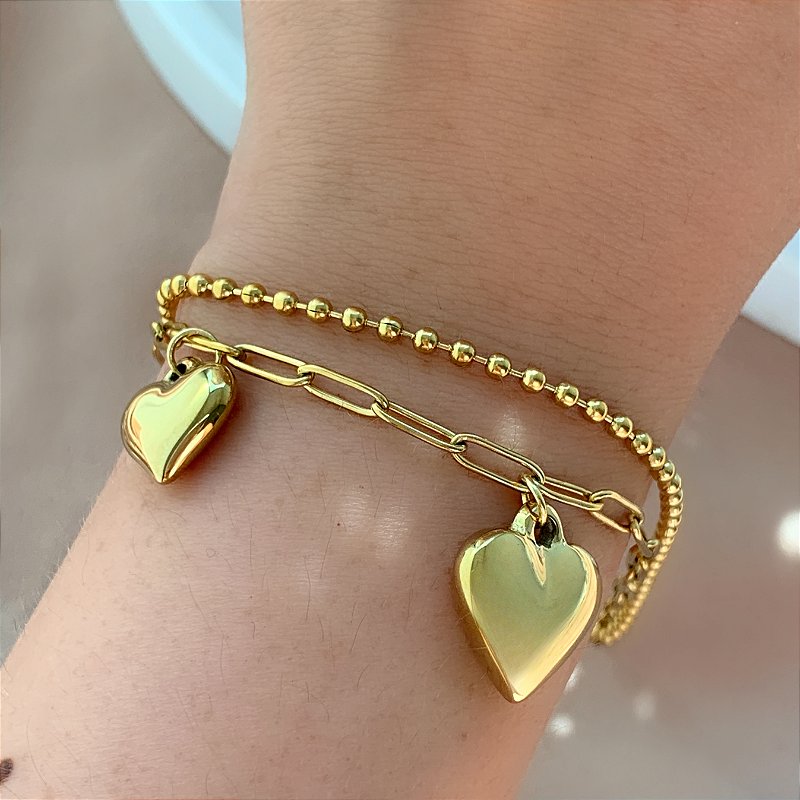 PULSEIRA CORRENTE DUPLA BOLINHAS E CORAÇÕES LISOS DOURADO AÇO 316L⭐️