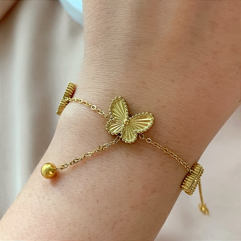 PULSEIRA BORBOLETA DESENHADA BOLINHA PENDENTE DOURADO AÇO 316L⭐️