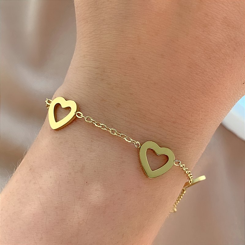 PULSEIRA CORAÇÃO LISO VAZADO DOURADO AÇO 316L⭐️
