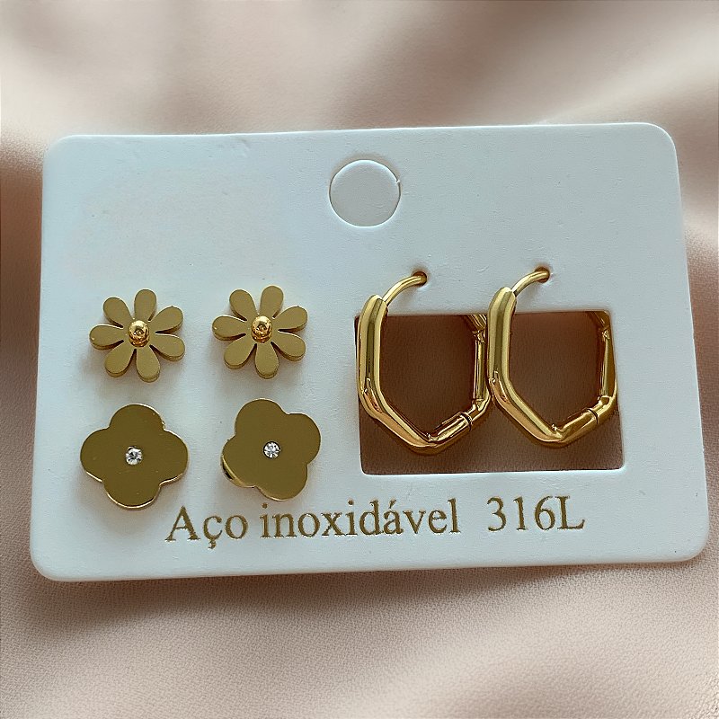 BRINCO KIT ARGOLINHA HEXÁGONO E FLORZINHAS DOURADO AÇO 316L⭐️