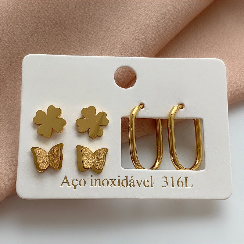 BRINCO KIT ARGOLINHA OVAL, BORBOLETA E TREVO DOURADO AÇO 316L⭐️