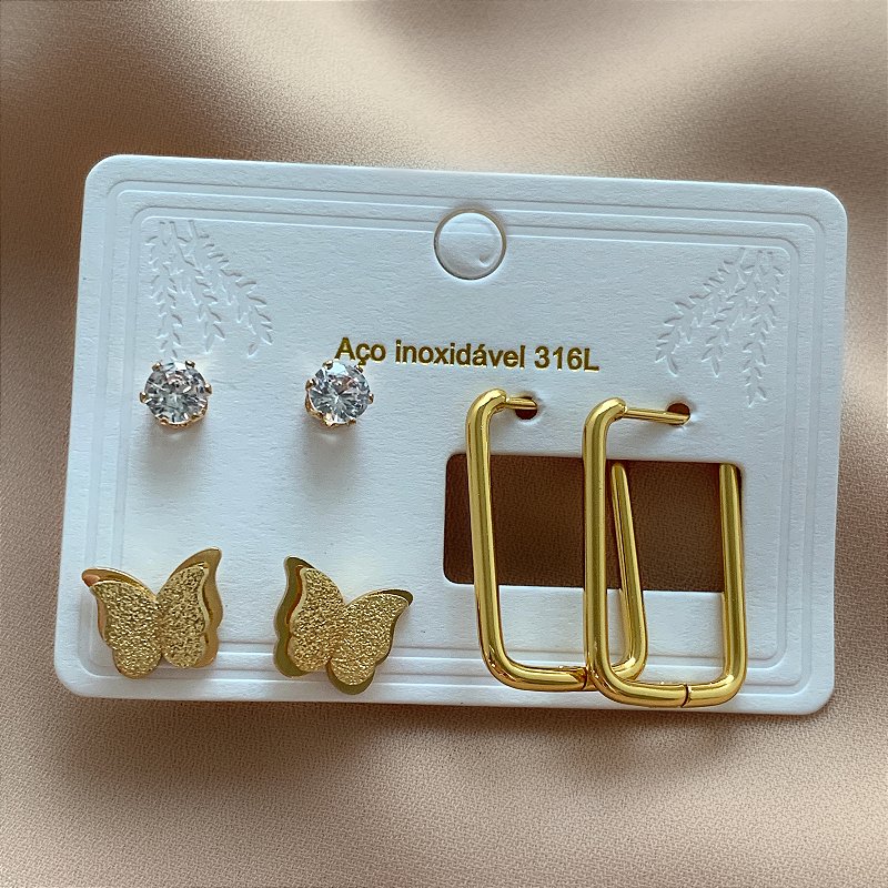 BRINCO KIT ARGOLINHA RETANGULAR, BORBOLETA PONTO DE LUZ DOURADO AÇO 316L⭐️