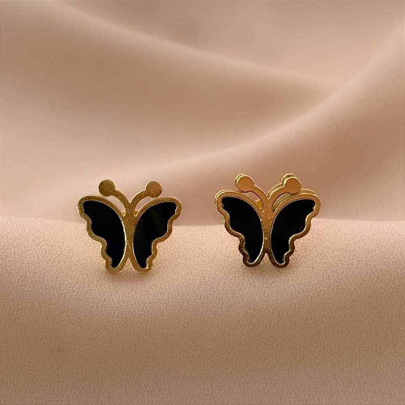 BRINCO BORBOLETA RESINADA PRETA BORDA DOURADO AÇO 316L⭐️