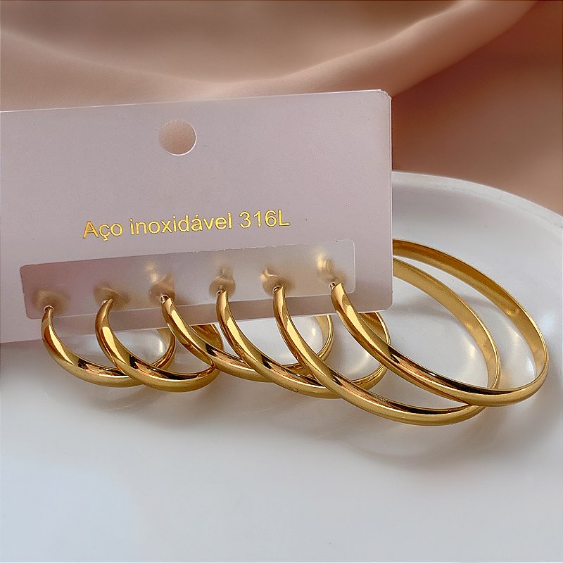 BRINCO KIT ARGOLAS CLÁSSICAS FIO BOLEADO DOURADO AÇO 316L⭐️