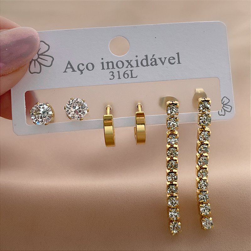 BRINCO KIT ARGOLINHA, PENDENTE ZIRCÔNIAS E PONTO DE LUZ DOURADO AÇO 316L⭐️