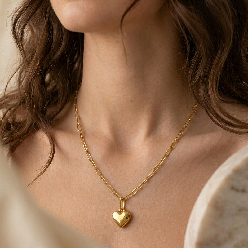 COLAR CORRENTE PINGENTE CORAÇÃO LISO BOLEADO DOURADO AÇO 316L⭐️