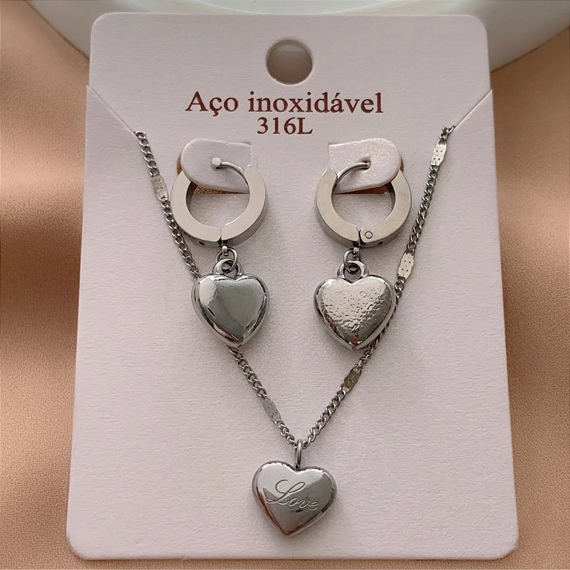 COLAR E BRINCO KIT ARGOLINHAS CORAÇÕES LOVE BOLEADOS AÇO 316L⭐️