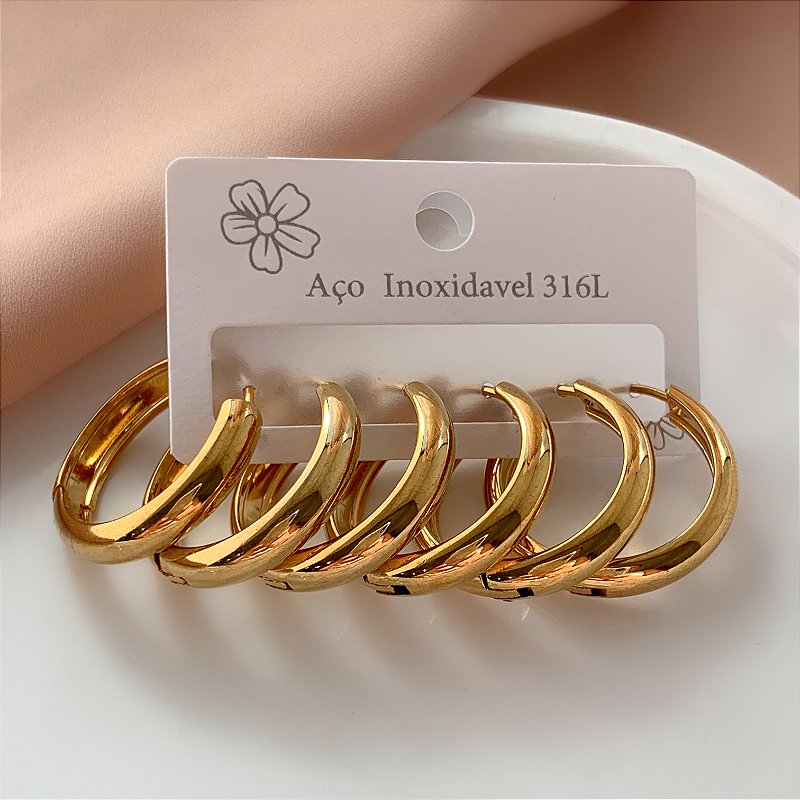 BRINCO KIT ARGOLAS BOLEADAS IGUAIS M DOURADO AÇO 316L⭐️
