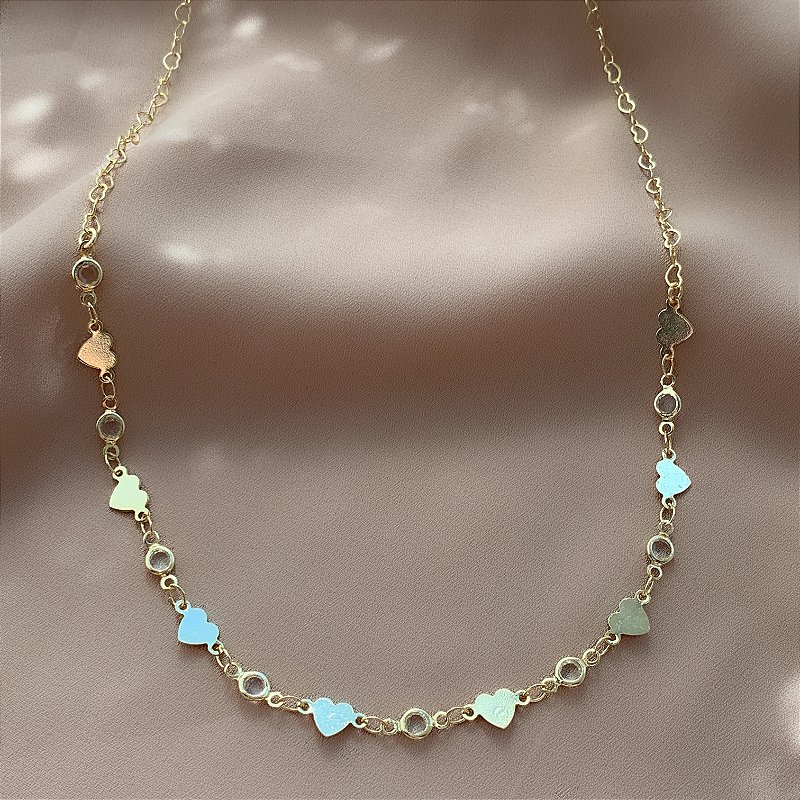 COLAR PLAQUINHAS CORAÇÕES E CRISTAIS FOLHEADO A OURO 18K⭐