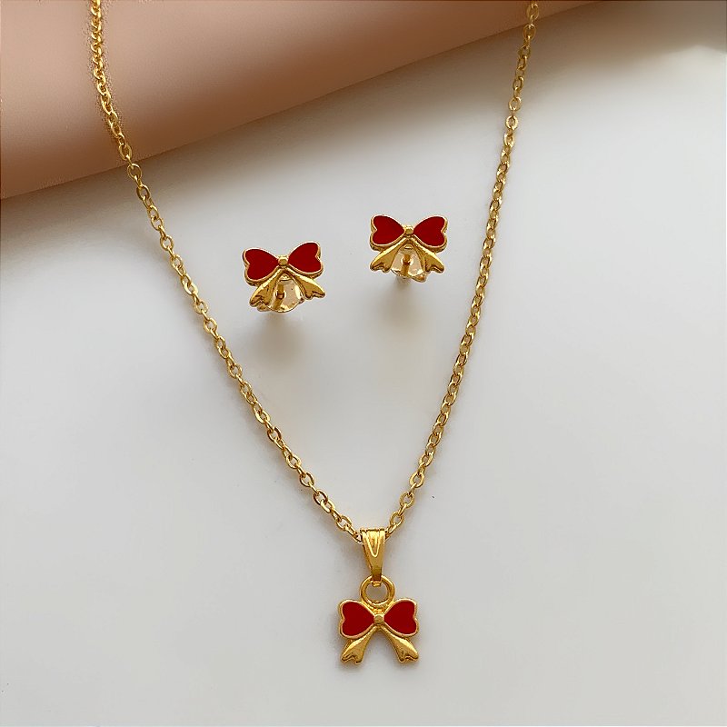 COLAR E BRINCO KIT INFANTIL LACINHO VERMELHO FOLHEADO A OURO 18K⭐