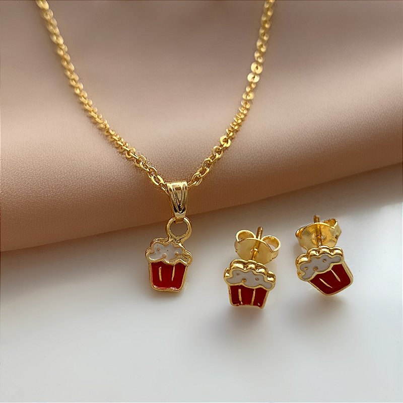 COLAR E BRINCO KIT INFANTIL BALDINHO DE PIPOCA FOLHEADO A OURO 18K⭐