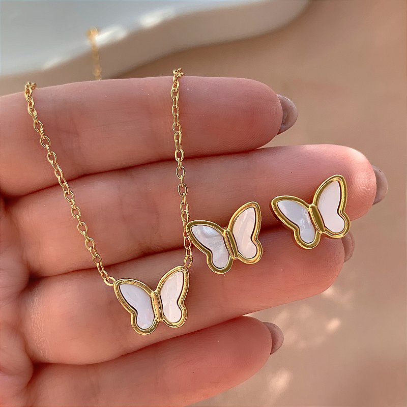COLAR E BRINCO KIT BORBOLETINHA RESINADA DELICADA DOURADO AÇO 316L⭐️
