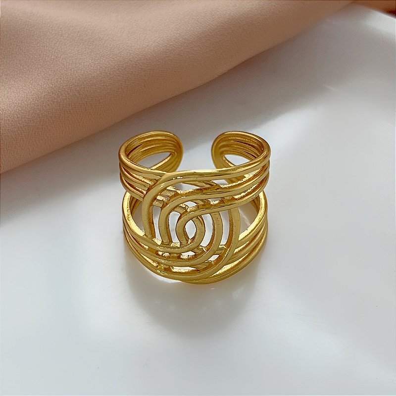 ANEL REGULÁVEL FIOS ENTRELAÇADOS DOURADO AÇO 316L⭐️