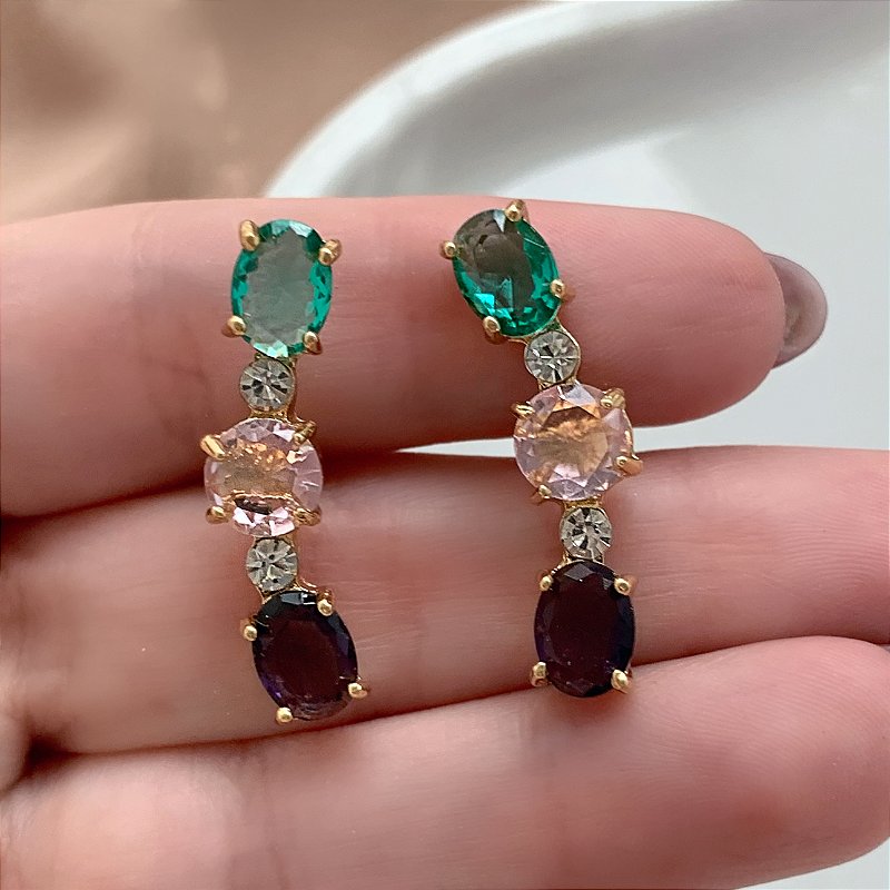 BRINCO EAR CUFF PEDRAS ZIRCÔNIAS OVAIS E BOLINHA DOURADO BIJU