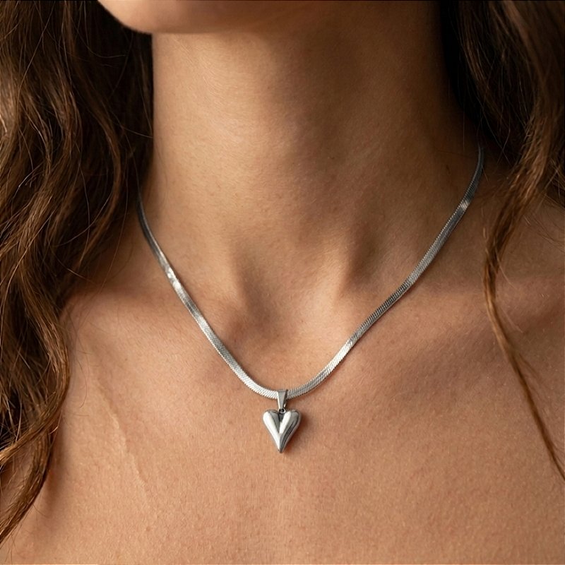COLAR CORRENTE FITA PINGENTE CORAÇÃO ALONGADO AÇO 316L⭐️