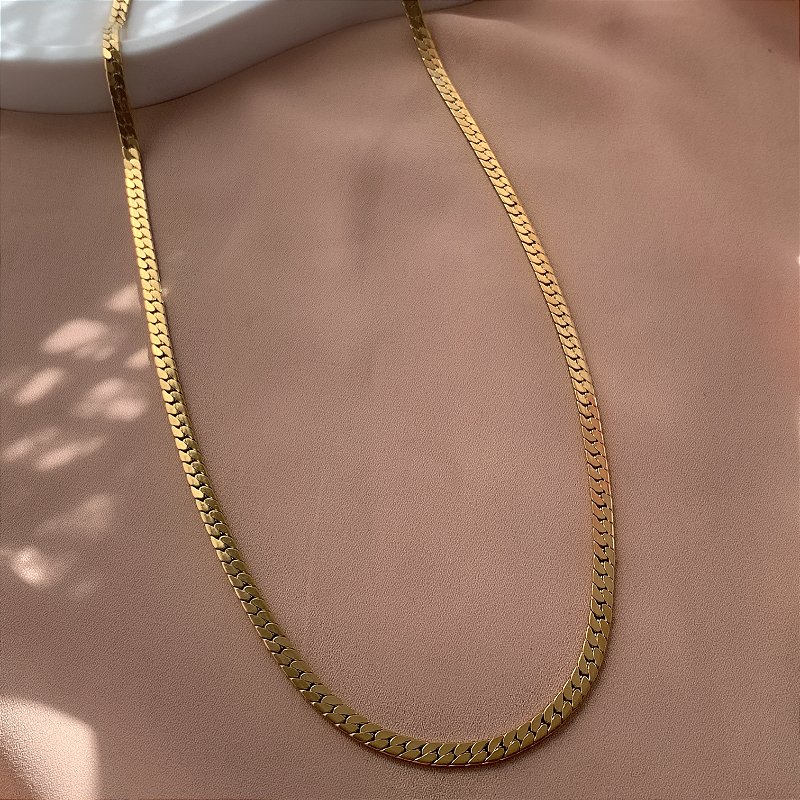 COLAR LONGO CORRENTE GRUMET ACHATADA DOURADO AÇO 316L⭐️
