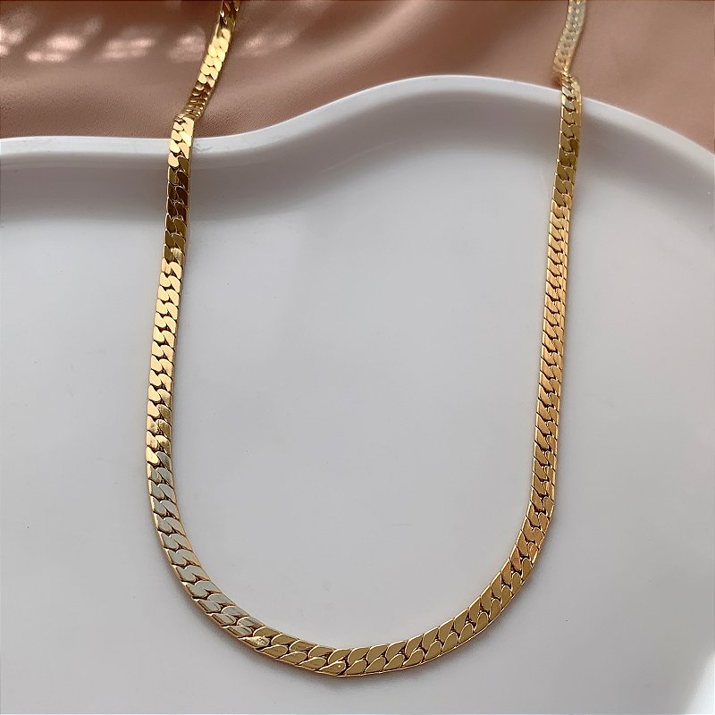 COLAR LONGO CORRENTE GRUMET DETALHADA ACHATADA DOURADO AÇO 316L⭐️