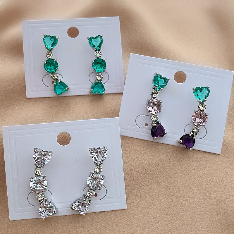 BRINCO EAR CUFF PEDRAS ZIRCÔNIAS CORAÇÕES E BOLINHAS PRATEADO BIJU