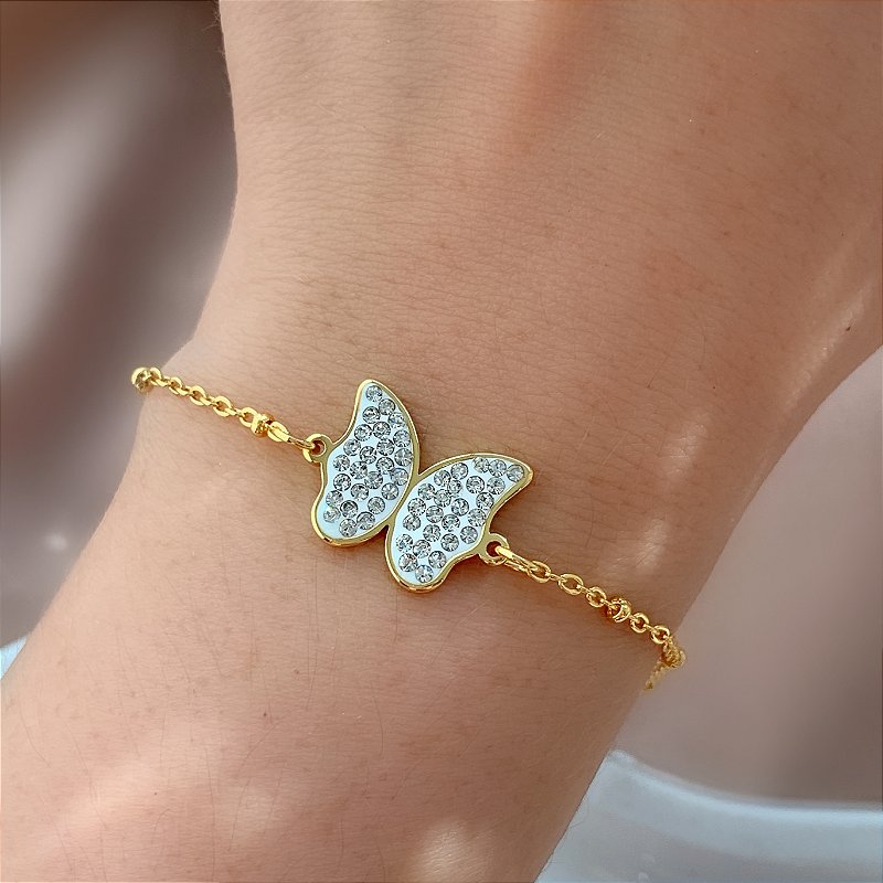 PULSEIRA CORRENTE FINA BORBOLETA CRAVEJADO DOURADO AÇO 316L⭐️
