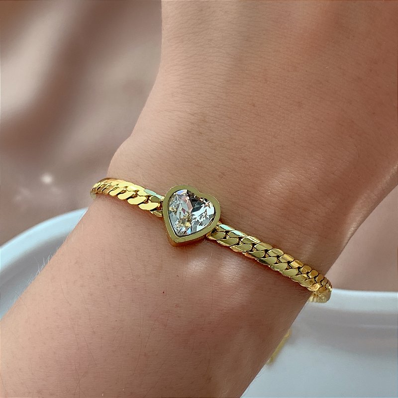 PULSEIRA CORRENTE DETALHADA COM CORAÇÃO ZIRCÔNIA DOURADO AÇO 316L⭐️