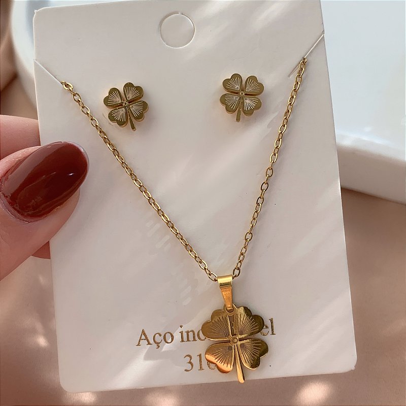 COLAR E BRINCO KIT TREVO DELICADO DOURADO AÇO 316L⭐️