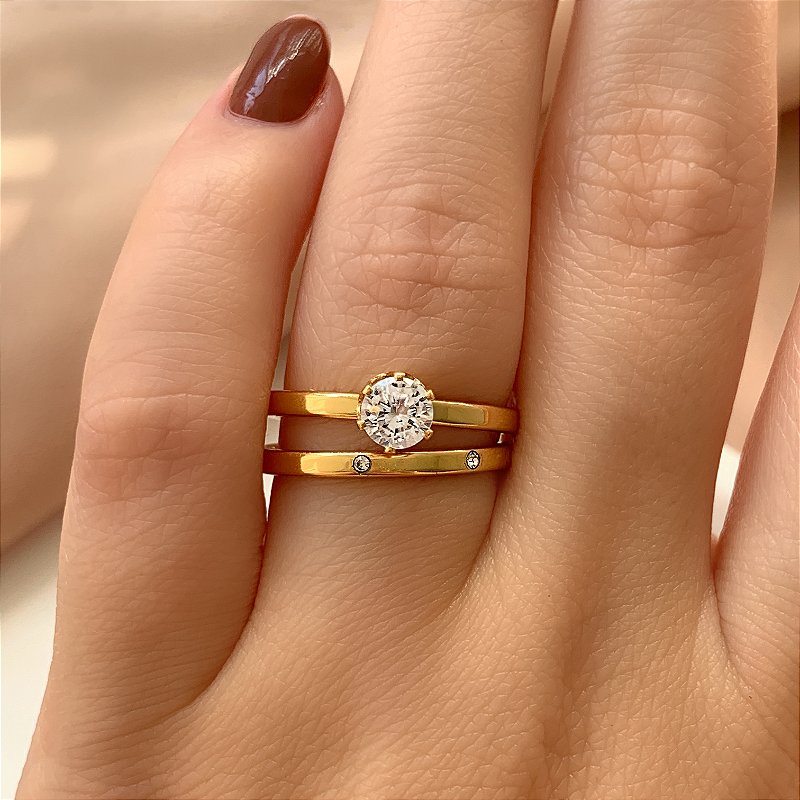 ANEL KIT SOLITÁRIO E ALIANÇA CRAVEJADA DOURADO AÇO 316L⭐️