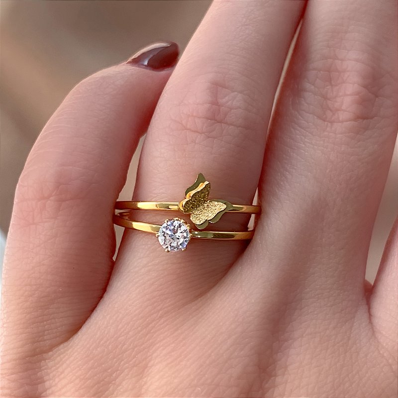 ANEL KIT SOLITÁRIO E BORBOLETINHA DOURADO AÇO 316L⭐️