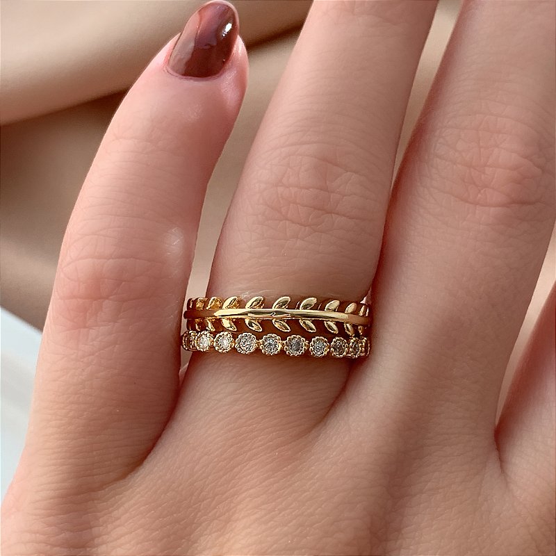 ANEL KIT RAMINHOS E BOLINHAS ZIRCÔNIAS DOURADO BIJU