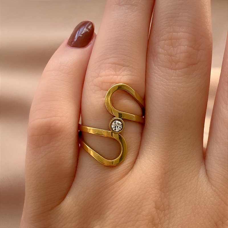 ANEL GOTAS CONTRÁRIAS E PEDRA DOURADO AÇO 316L⭐️