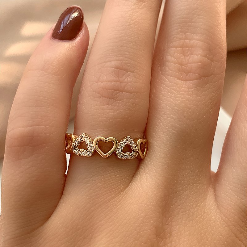 ANEL CORAÇÕES LISOS E CRAVEJADOS DOURADO BIJU