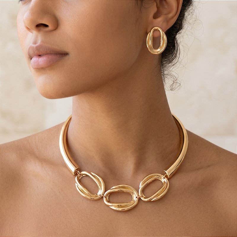 COLAR E BRINCO KIT 3 ELOS OVAIS BIJU