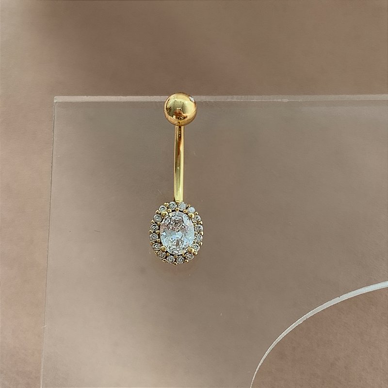 PIERCING UMBIGO ZIRCÔNIA OVAL BORDA CRAVEJADA 10MM AÇO 316L FOLHEADO A OURO 18K SEMIJOIA PARA ATUALIZAÇÃO⭐️
