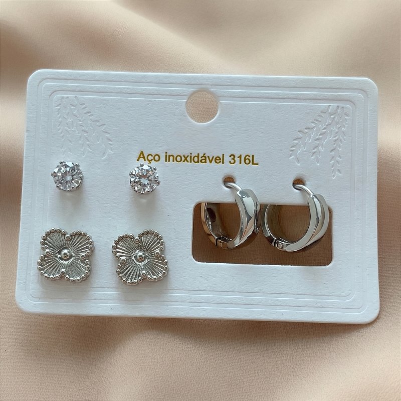 BRINCO KIT ARGOLINHA, TREVO DESENHADO E ZIRCÔNIA AÇO 316L⭐️