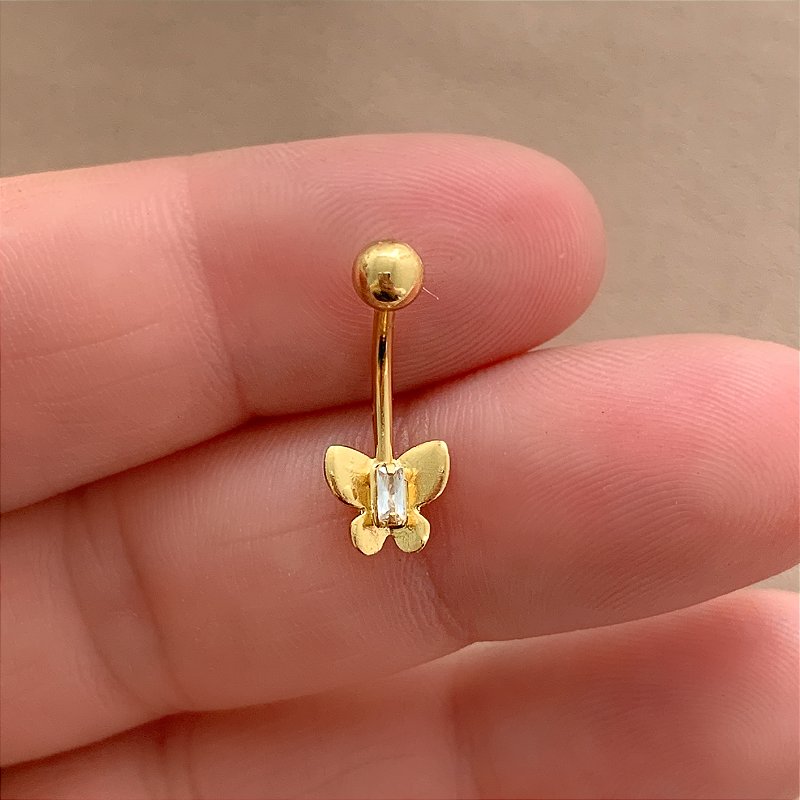 PIERCING UMBIGO BORBOLETA LISA ZIRCÔNIA RETANGULAR 10MM HASTE AÇO 316L FOLHEADO A OURO 18K SEMIJOIA PARA ATUALIZAÇÃO⭐️
