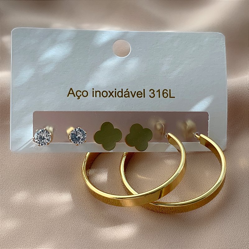 BRINCO KIT ARGOLA, TREVO LISO E ZIRCÔNIA DOURADO AÇO 316L⭐️