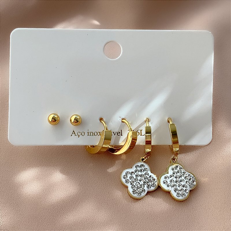 BRINCO KIT ARGOLINHAS, PINGENTE TREVO ZIRCÔNIAS E MINI BOLINHA DOURADO AÇO 316L⭐️