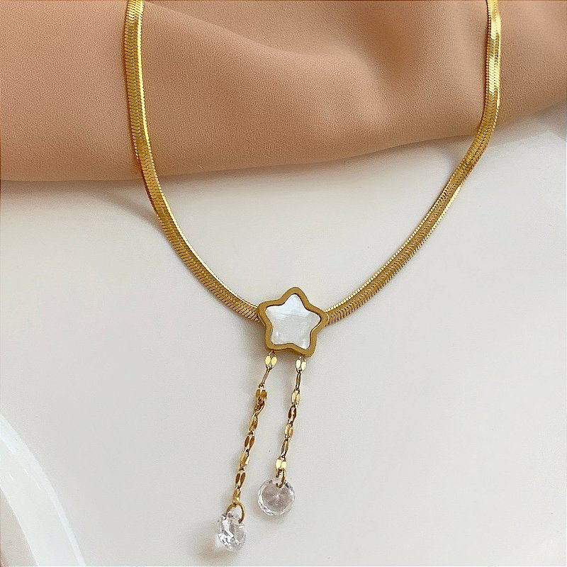 COLAR CORRENTE FITA FINA PINGENTE ESTRELA MADREPÉROLA PEDRAS PENDENTES DOURADO AÇO 316L⭐️
