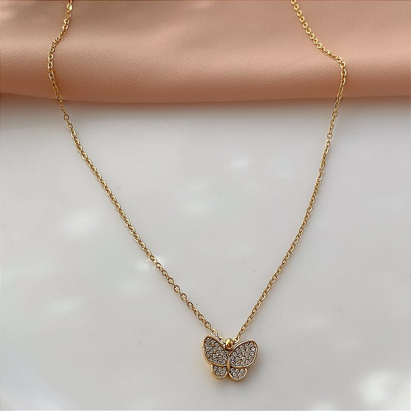 COLAR PINGENTE BORBOLETA CLÁSSICA ZIRCÔNIAS DOURADO AÇO 316L⭐️