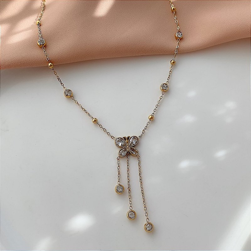 COLAR CORRENTE BOLINHAS ESTILO GRAVATINHA BORBOLETA ZIRCÔNIAS DOURADO AÇO 316L⭐️