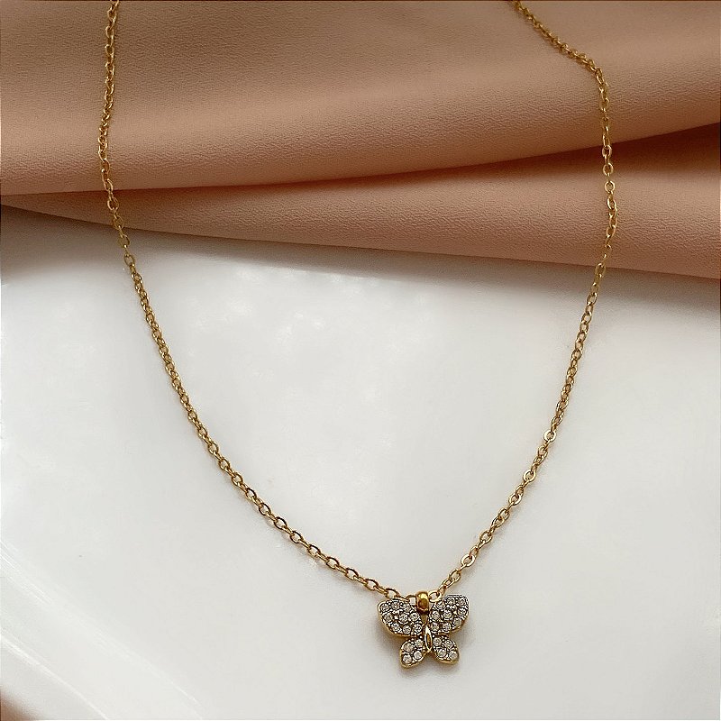 COLAR BORBOLETA MINI ZIRCÔNIAS DOURADO AÇO 316L⭐️