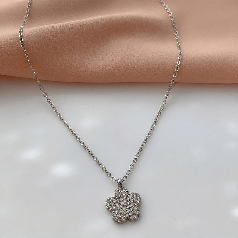 COLAR PINGENTE FLOR ZIRCÔNIAS AÇO 316L⭐️
