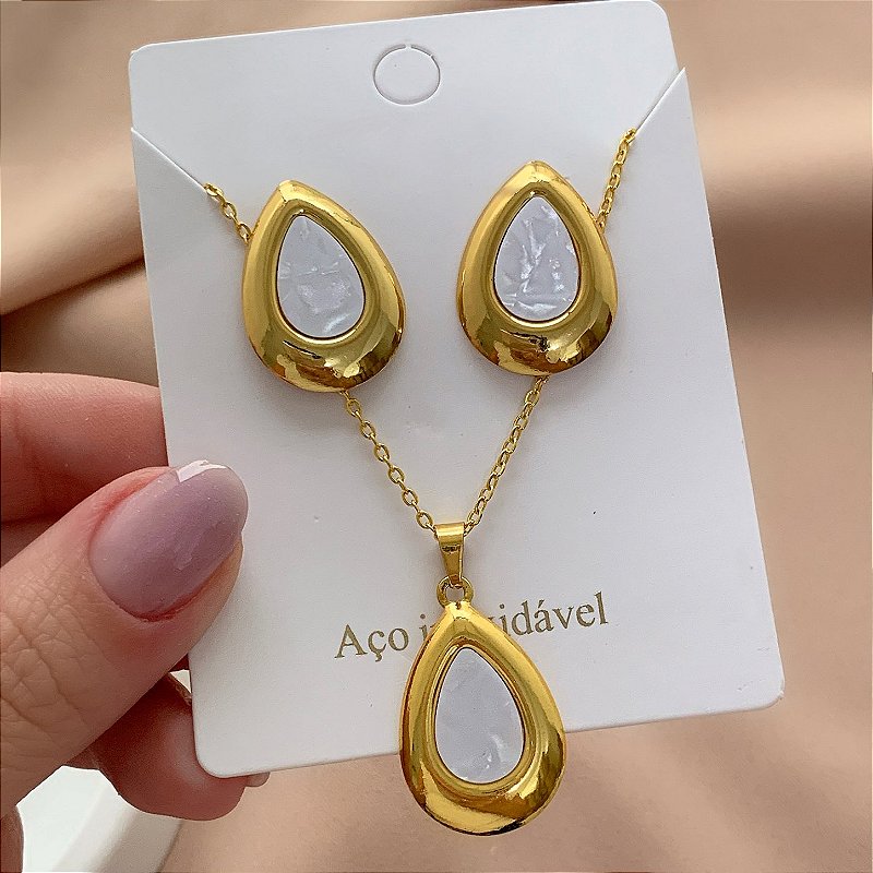 COLAR E BRINCO KIT GOTA MADREPÉROLA BORDA BOLEADA DOURADO AÇO 316L⭐️