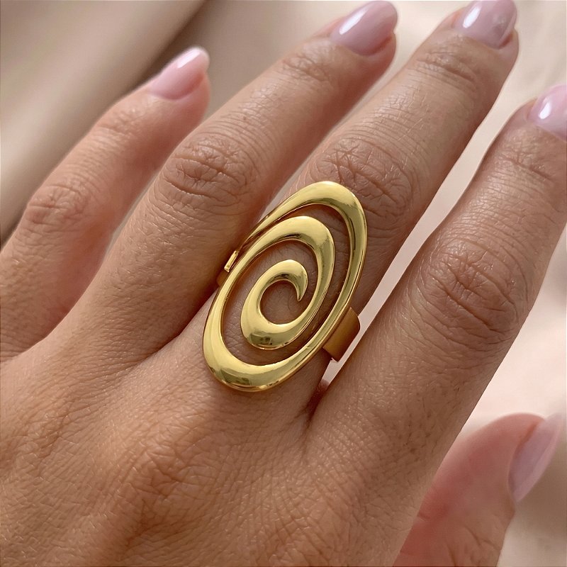ANEL REGULÁVEL OVAL FIO ESPIRAL DOURADO AÇO 316L⭐️